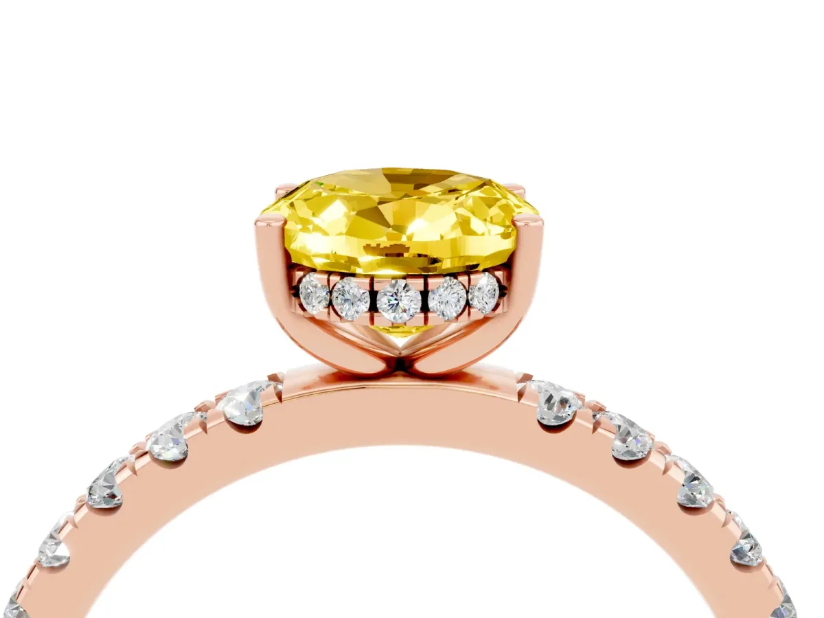 Oval Cut Yellow Sapphire Pave Band Solitaire Ring with Round and Prong Setting Rose gold