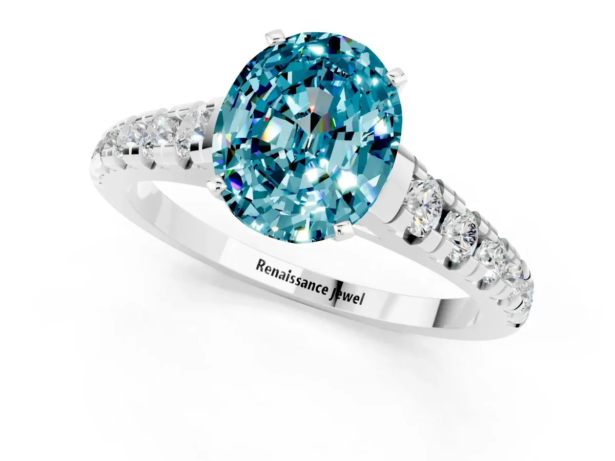 Oval Cut Blue Topaz Cathedral Solitaire Ring with Round Pavé Band White gold