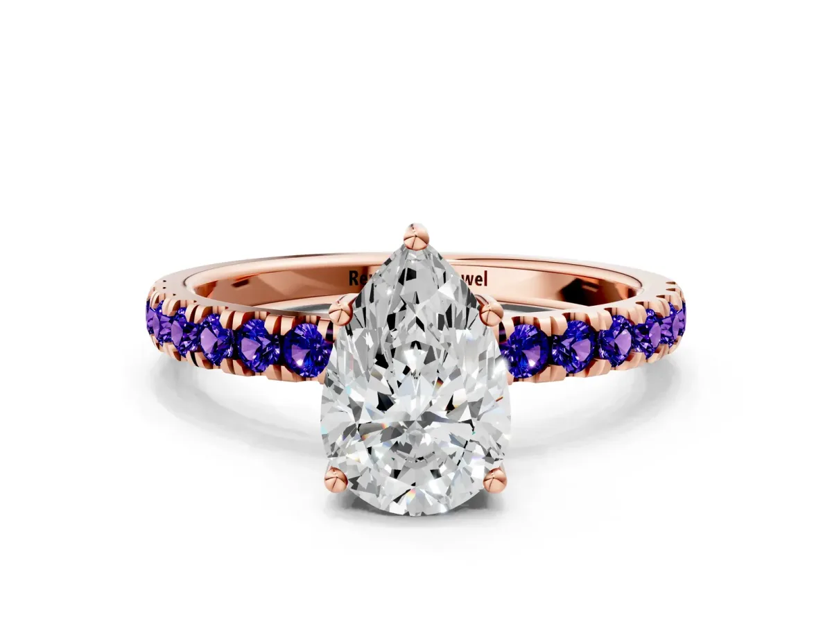 Pear Cut Diamond Pave Band Solitaire Ring with Round Tanzanite and Prong Setting Rose gold