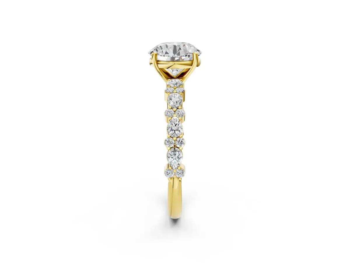 Round Cut Diamond Side Stone Solitaire Ring with Round Moissanite and Four-Prong Setting Yellow gold