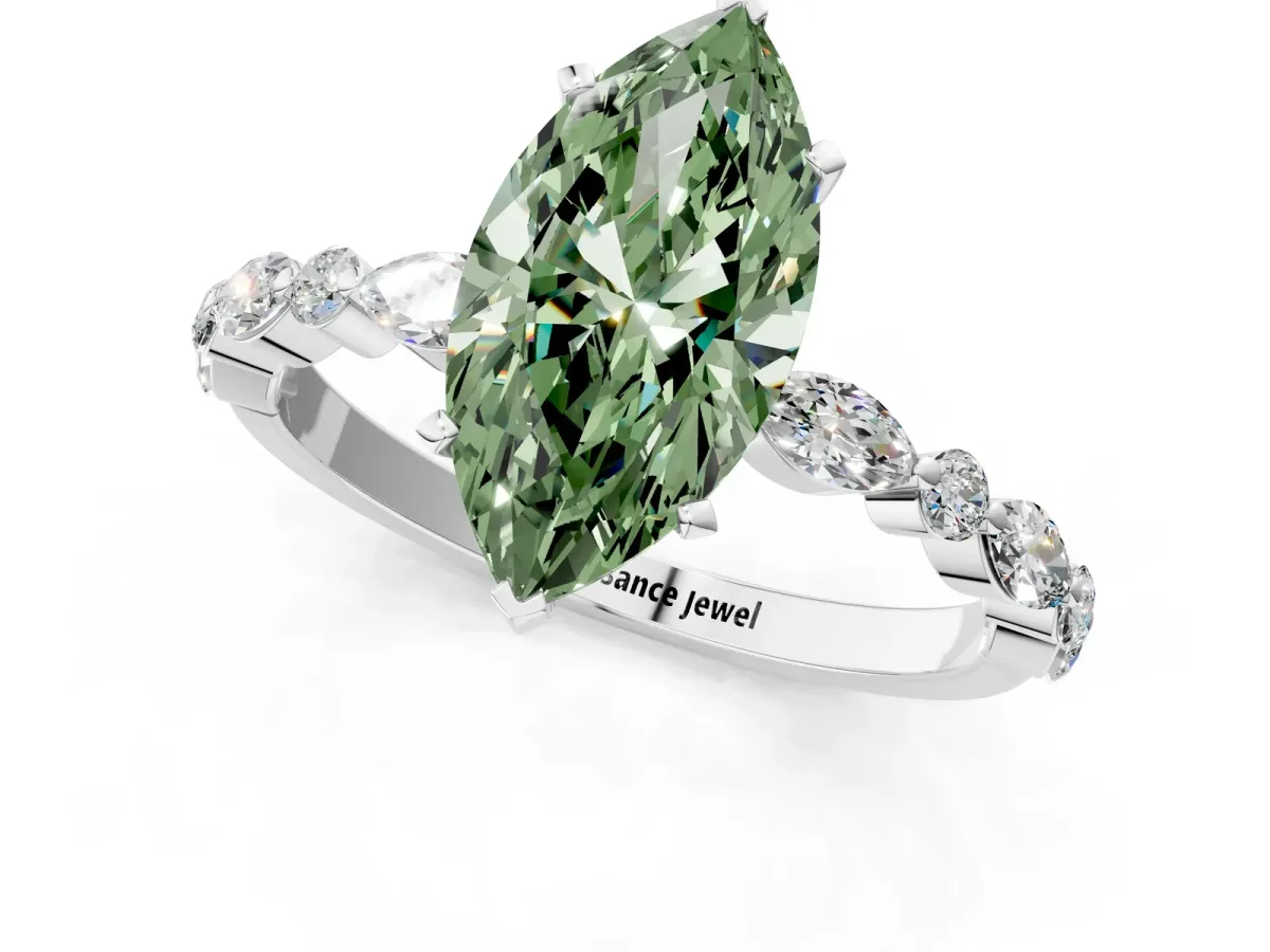 Fancy Green Marquise Cut Diamond Ring with Marquise and Round Side Stones and Four-Prong Setting Silver