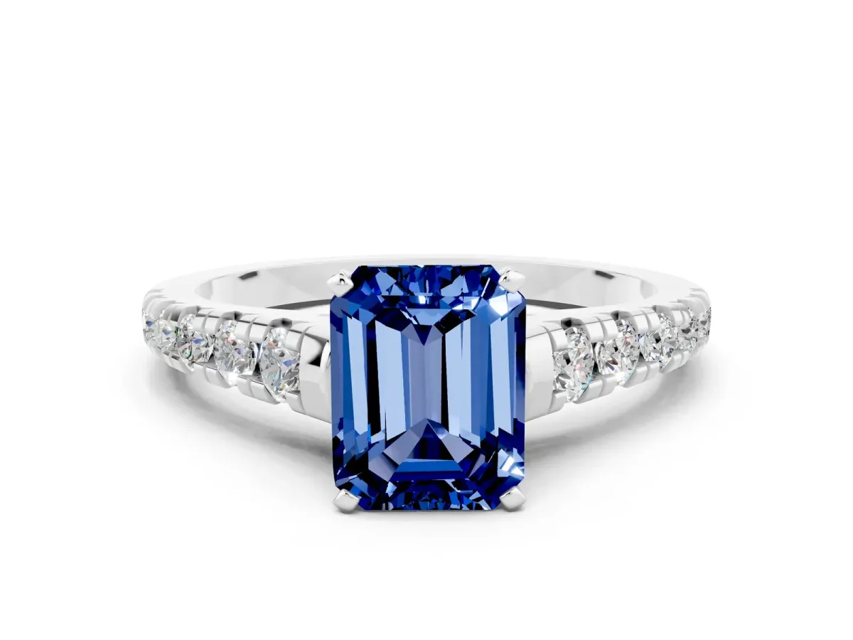 Emerald Cut Blue Sapphire Cathedral Solitaire Ring with Round Pavé Band Platinum