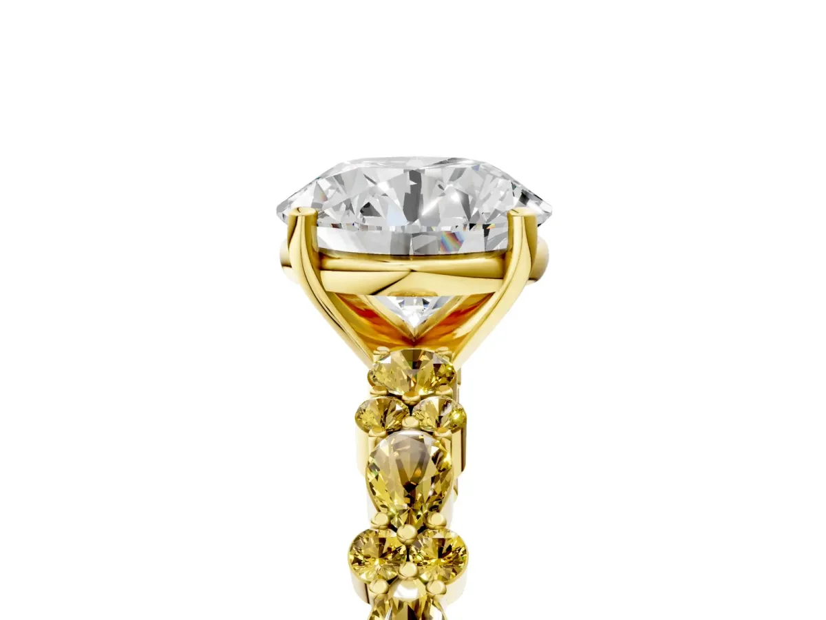 Round Cut Diamond Side Stone Solitaire Ring with Round Yellow Sapphire and Four-Prong Setting Yellow gold