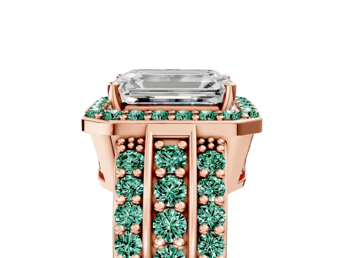 Emerald Cut Halo Diamond Ring with Round Green Sapphire Split Shank and Prong Setting Rose gold