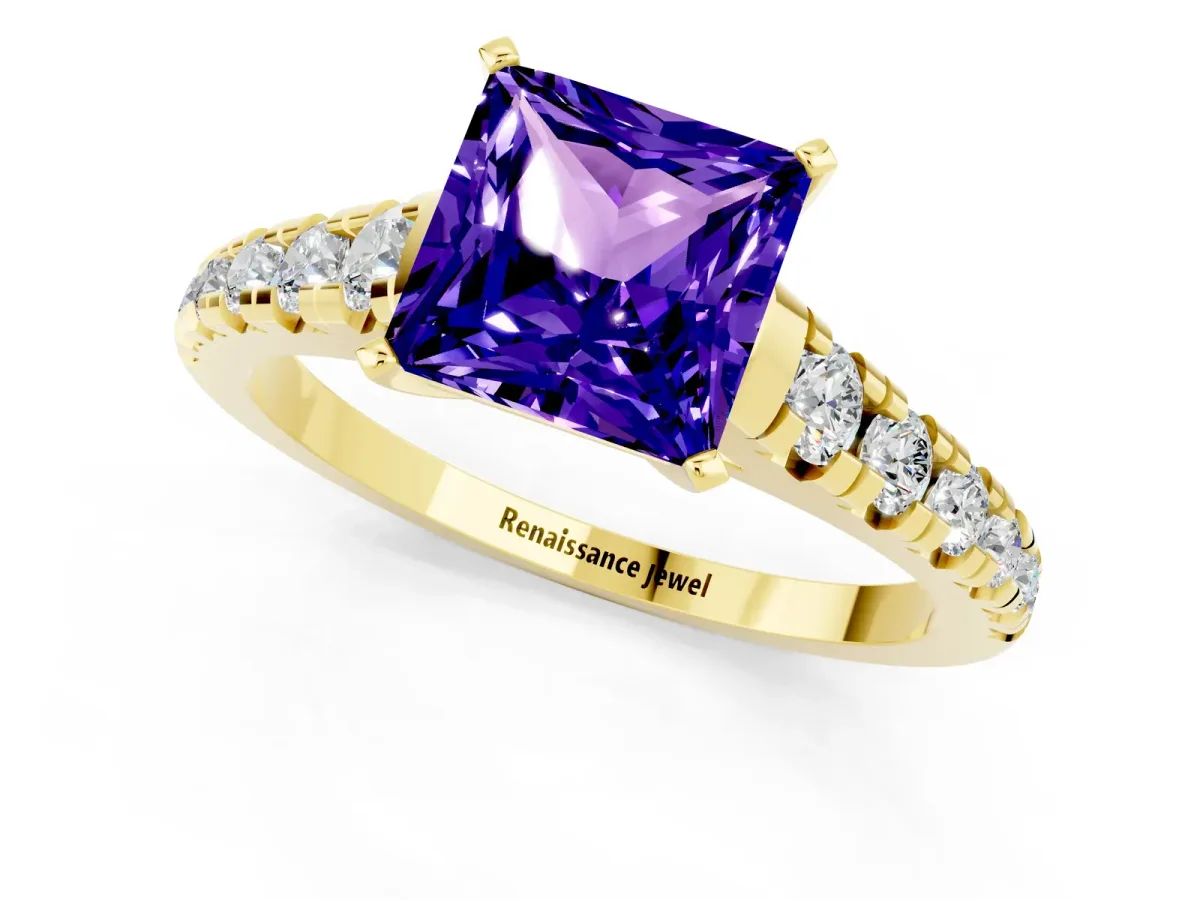 Princess Cut Tanzanite Cathedral Solitaire Ring with Round Pavé Band Yellow gold