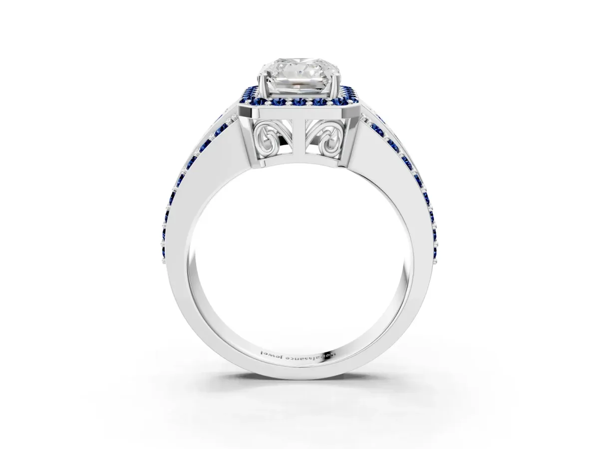 Radiant Cut Halo Diamond Ring with Round Blue Sapphire Split Shank and Prong Setting White gold
