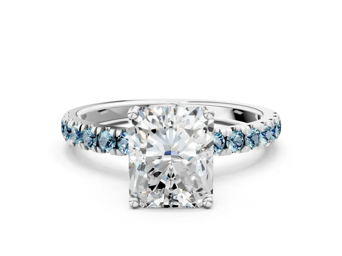 Radiant Cut Diamond Pave Band Solitaire Ring with Round Aquamarine and Prong Setting Silver