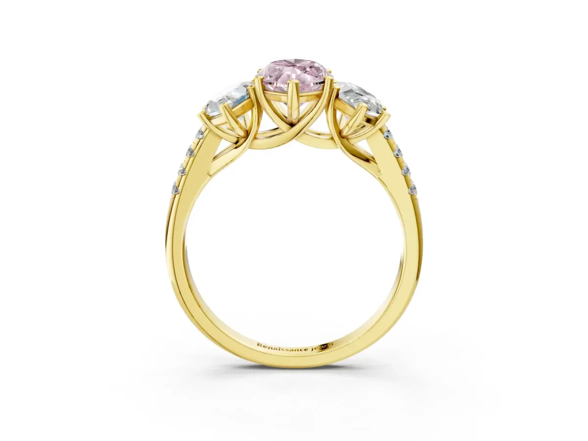 Fancy Pink Three-Stone Marquise Cut Diamond Ring with Round Pavé Band and Prong Setting Yellow gold