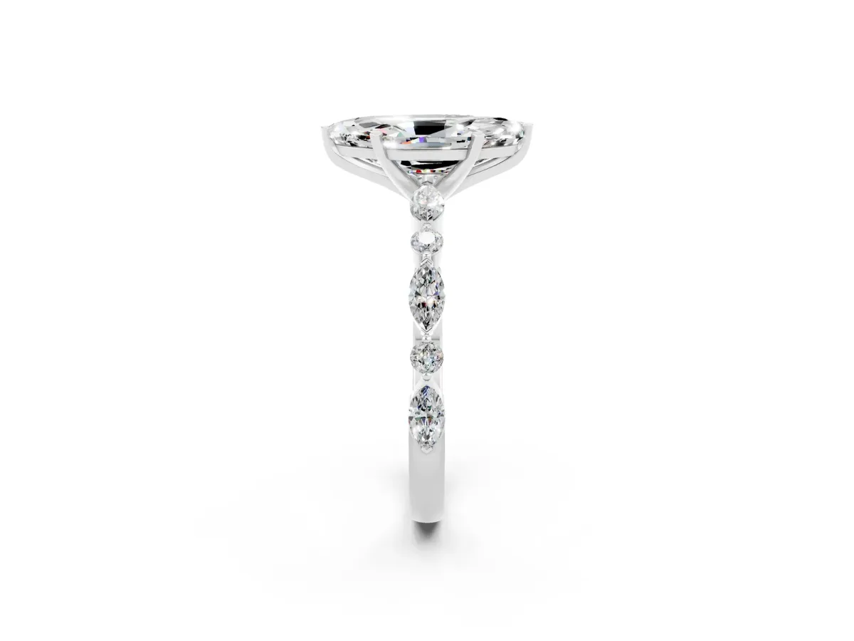 Marquise Cut Moissanite Ring with Marquise and Round Side Stones and Four-Prong Setting Silver