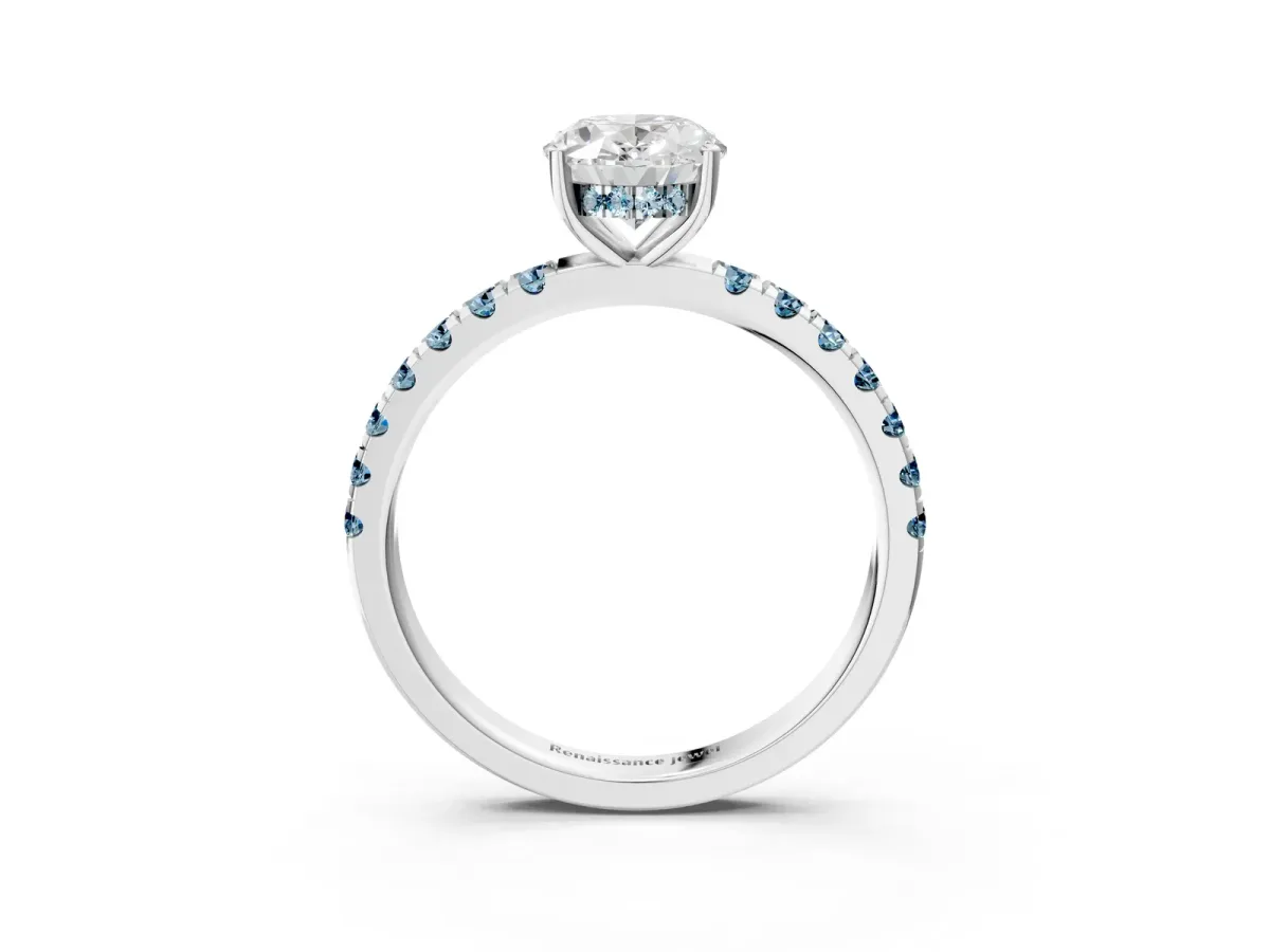 Oval Cut Diamond Pave Band Solitaire Ring with Round Aquamarine and Prong Setting Platinum