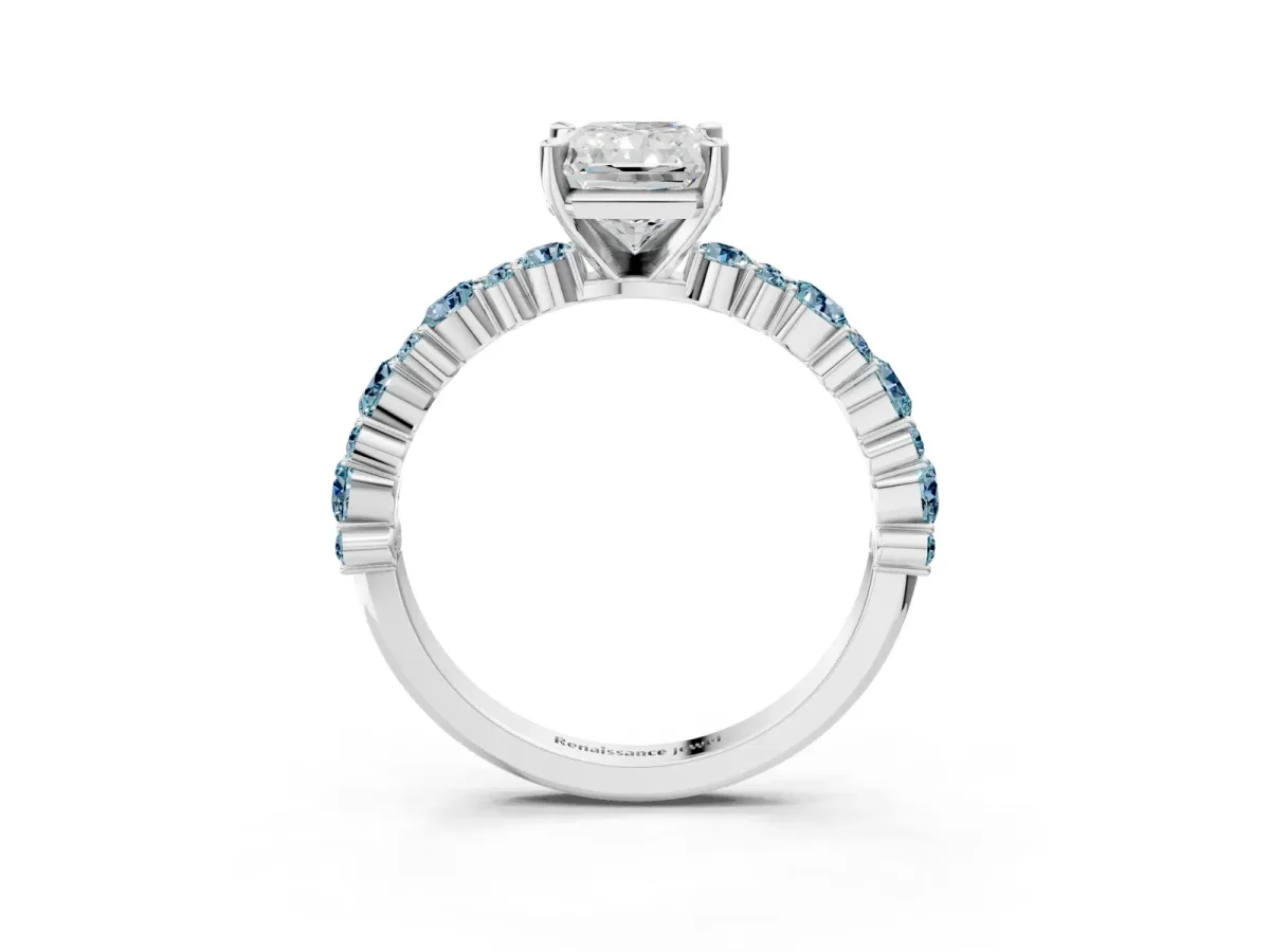 Radiant Cut Diamond Side Stone Solitaire Ring with Round Aquamarine and Four-Prong Setting Platinum