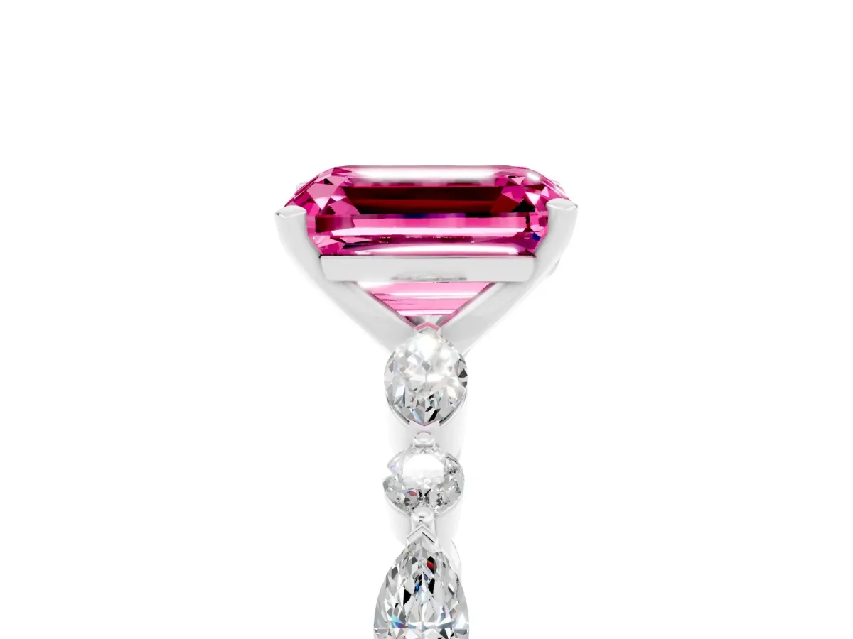 Emerald Cut Pink Sapphire Ring with Marquise and Round Side Stones and Four-Prong Setting Silver