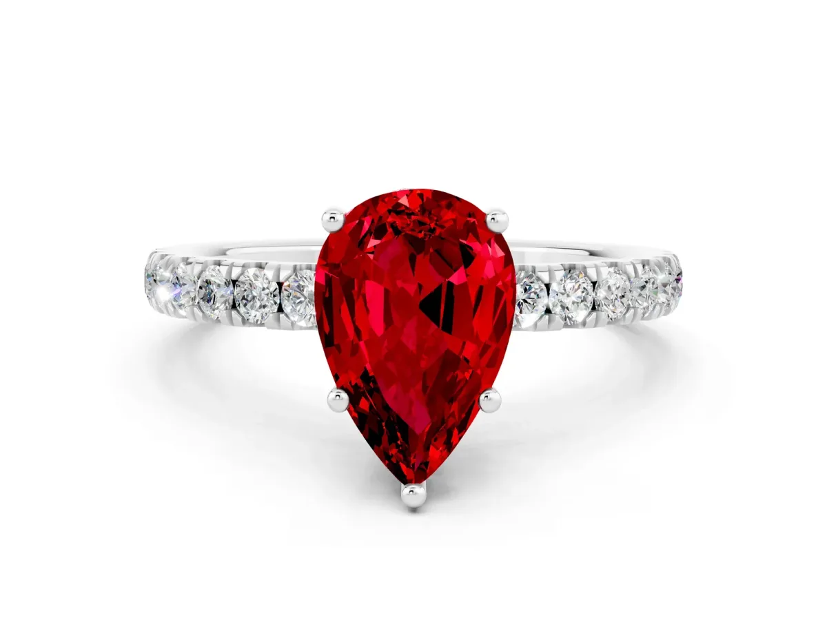 Pear Cut Ruby Pave Band Solitaire Ring with Round and Prong Setting White gold
