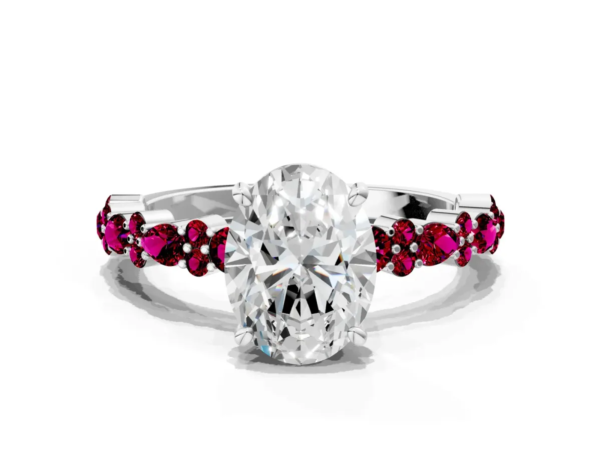 Oval Cut Diamond Side Stone Solitaire Ring with Round Garnet and Four-Prong Setting Silver