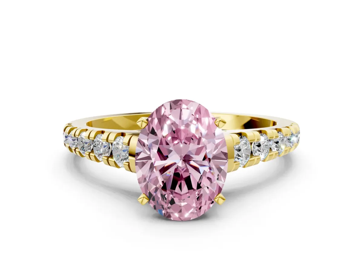 Fancy Pink Oval Cut Diamond Cathedral Solitaire Ring with Round Pavé Band Yellow gold