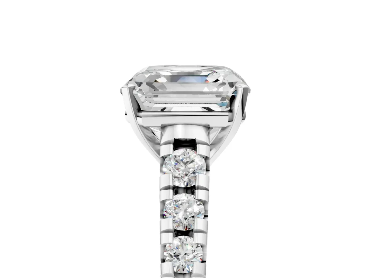 Asscher Cut Diamond Cathedral Solitaire Ring with Round Moissanite Pavé Band Platinum