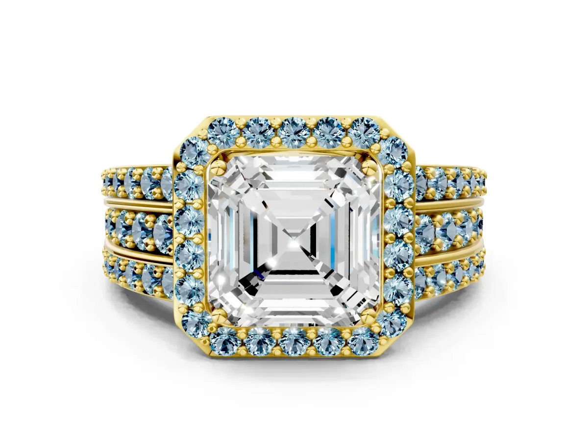 Asscher Cut Halo Diamond Ring with Round Aquamarine Split Shank and Prong Setting Yellow gold