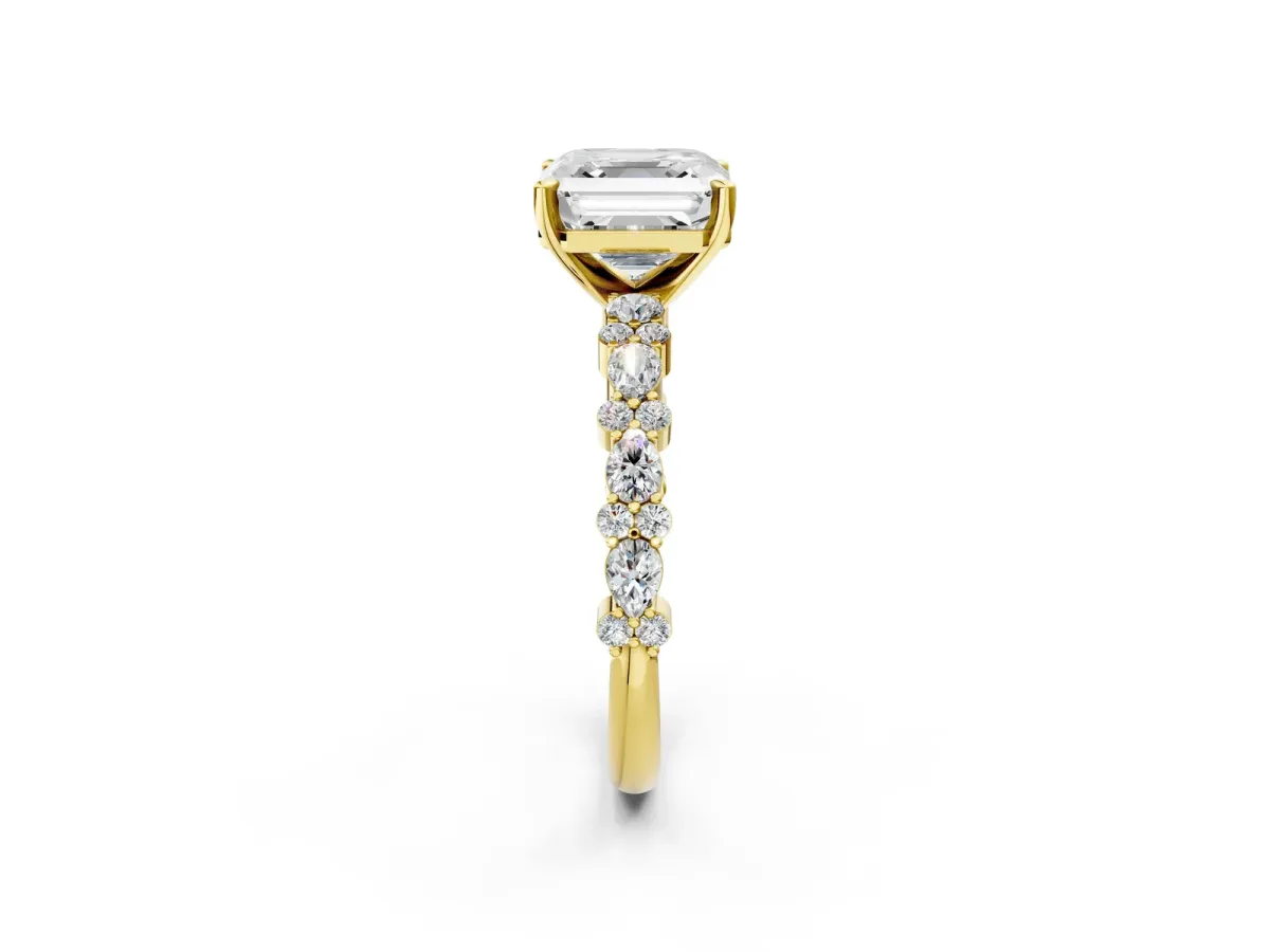Asscher Cut Diamond Side Stone Solitaire Ring with Round and Four-Prong Setting Yellow gold