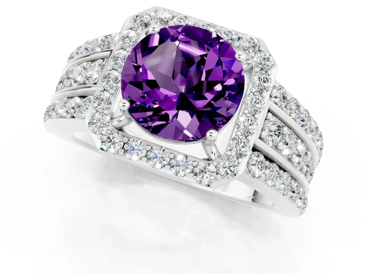 Round Cut Halo Amethyst Ring with Round Split Shank and Prong Setting White gold