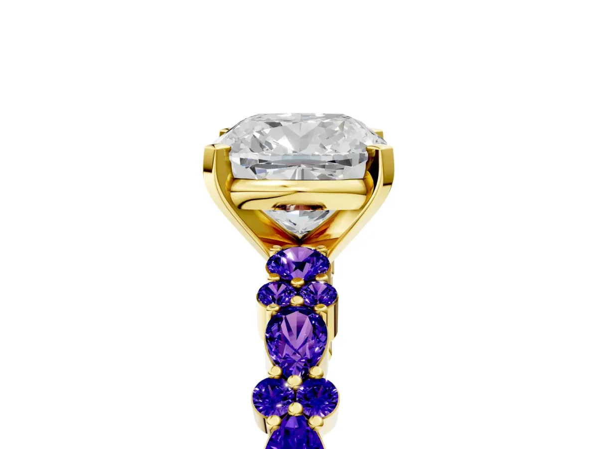 Cushion Cut Diamond Side Stone Solitaire Ring with Round Tanzanite and Four-Prong Setting Yellow gold