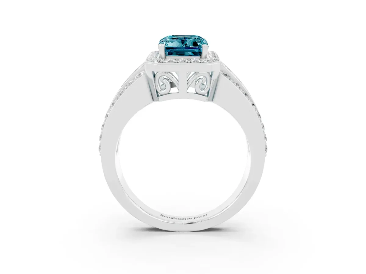 Emerald Cut Halo Blue Topaz Ring with Round Split Shank and Prong Setting White gold