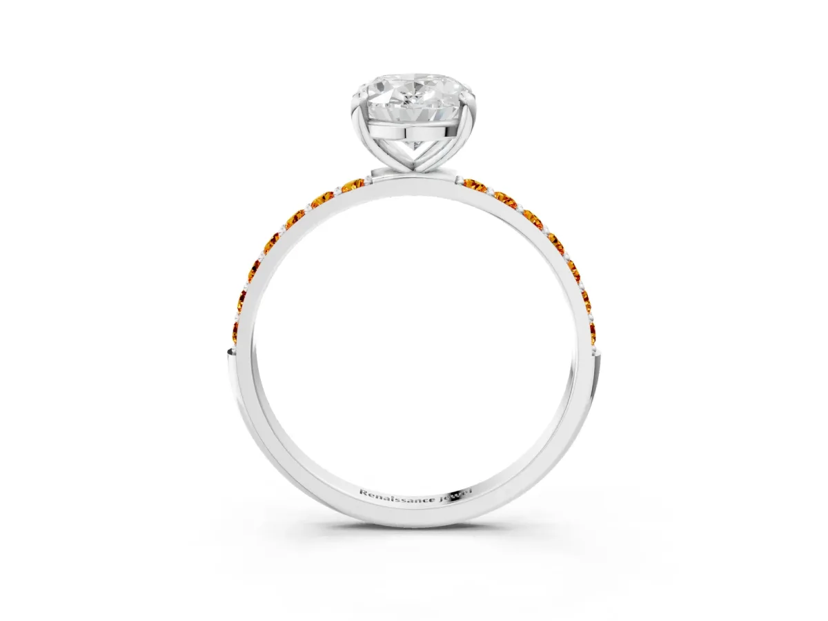 Oval Cut Diamond Solitaire Ring with Round Citrine Pavé Band and Prong Setting Platinum