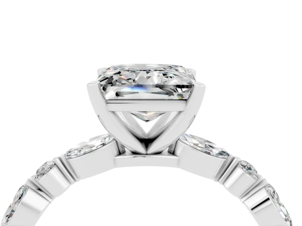 Princess Cut Moissanite Ring with Marquise and Round Side Stones and Four-Prong Setting Silver