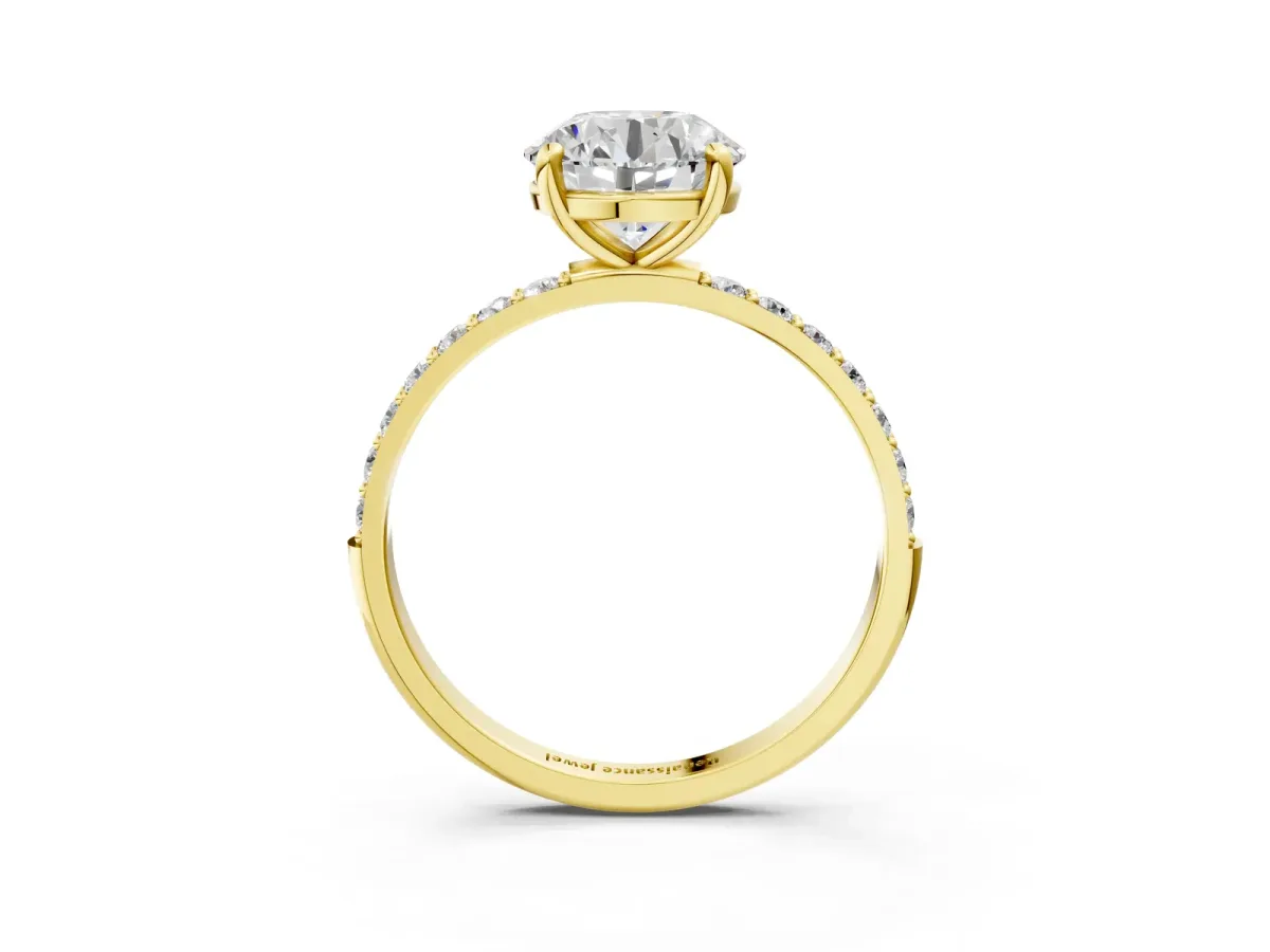 Round Cut Diamond Solitaire Ring with Round Pavé Band and Prong Setting Yellow gold