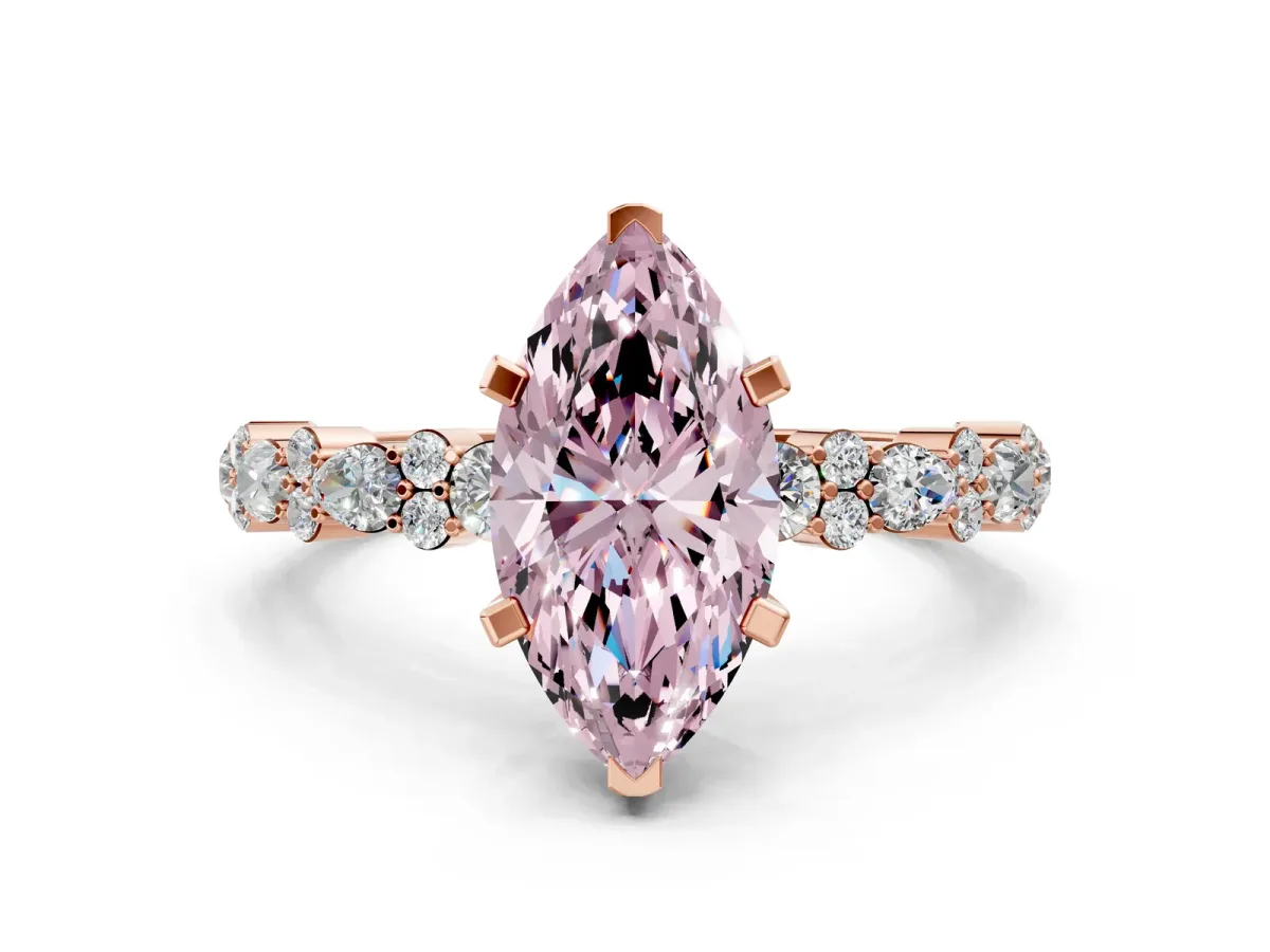 Fancy Pink Marquise Cut Diamond Side Stone Solitaire Ring with Round and Four-Prong Setting Rose gold