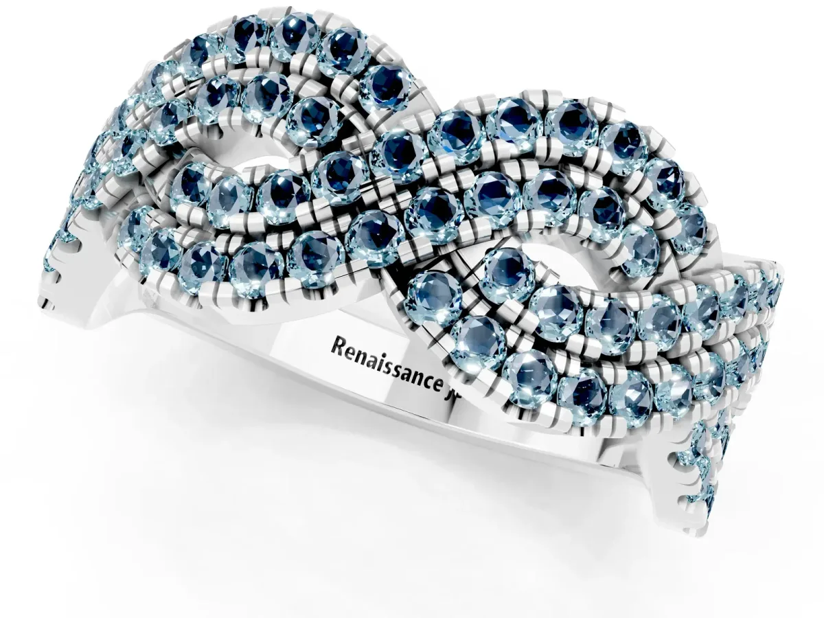 Pavé Round Aquamarine Infinity Twist Band with Shared Prong Setting Silver