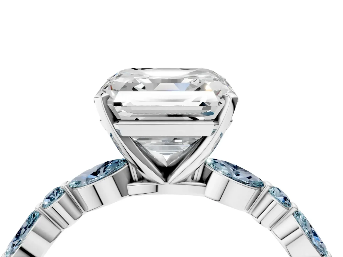 Asscher Cut Diamond Ring with Marquise and Round Aquamarine Side Stones and Four-Prong Setting Platinum