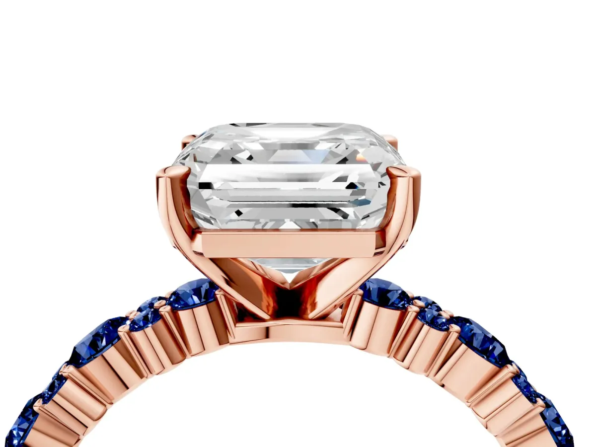 Asscher Cut Diamond Side Stone Solitaire Ring with Round Blue Sapphire and Four-Prong Setting Rose gold
