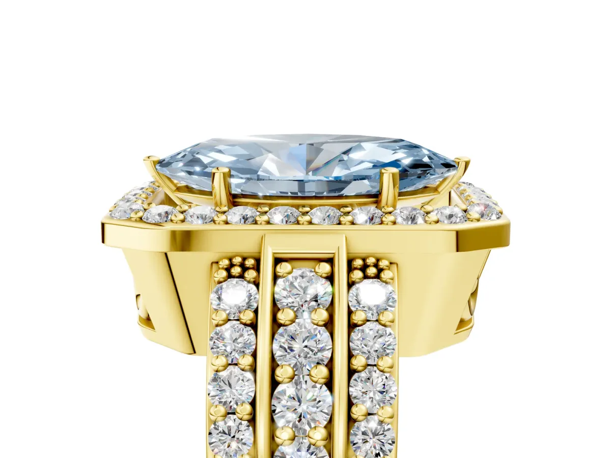 Fancy Blue Marquise Cut Halo Diamond Ring with Round Split Shank and Prong Setting Yellow gold