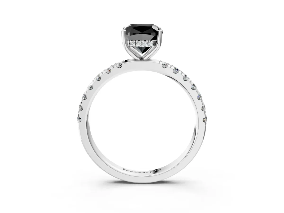 Fancy Black Cushion Cut Diamond Pave Band Solitaire Ring with Round and Prong Setting Silver