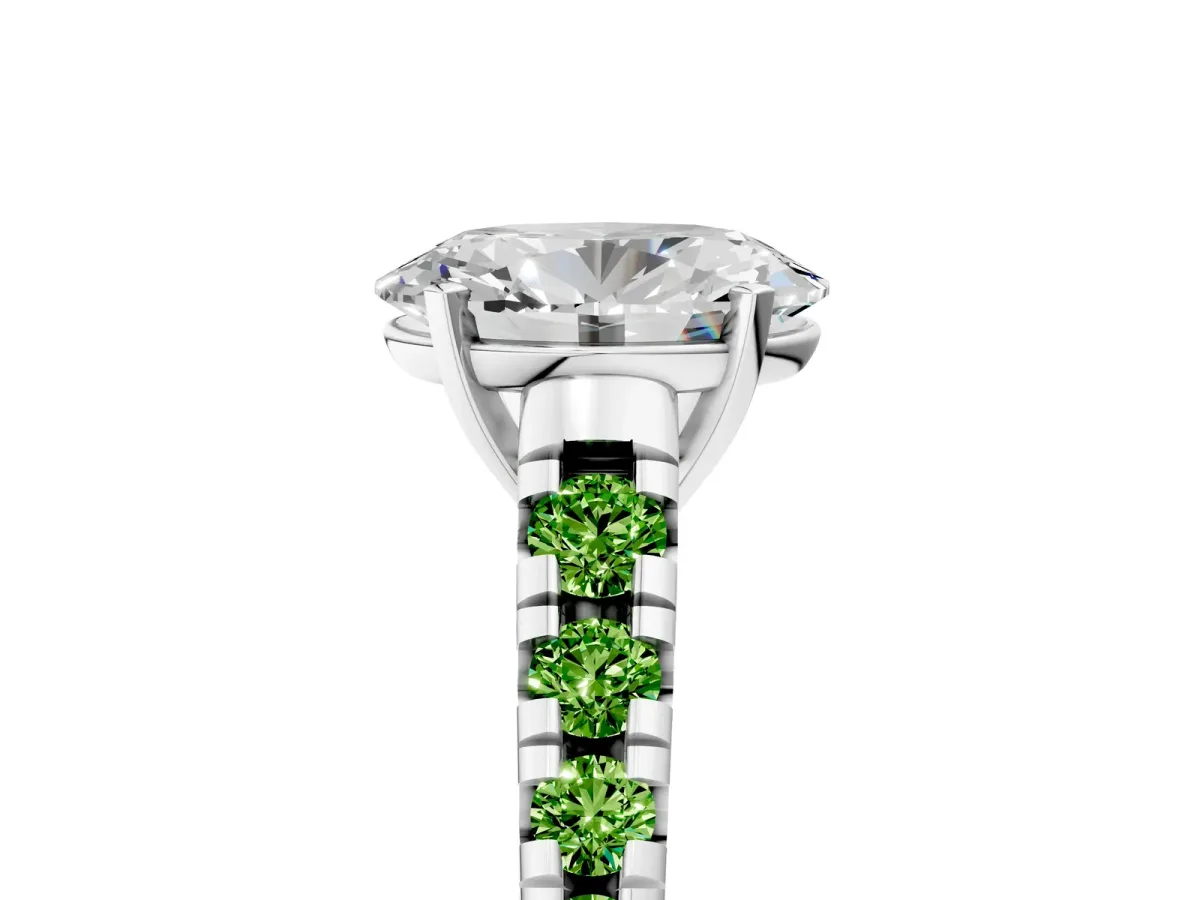 Oval Cut Diamond Cathedral Solitaire Ring with Round Peridot Pavé Band White gold