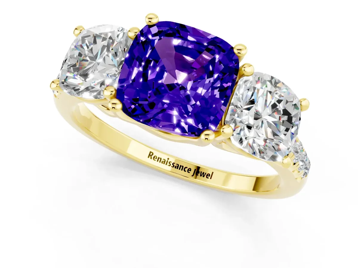 Three-Stone Cushion Cut Tanzanite Ring with Round Pavé Band and Prong Setting Yellow gold