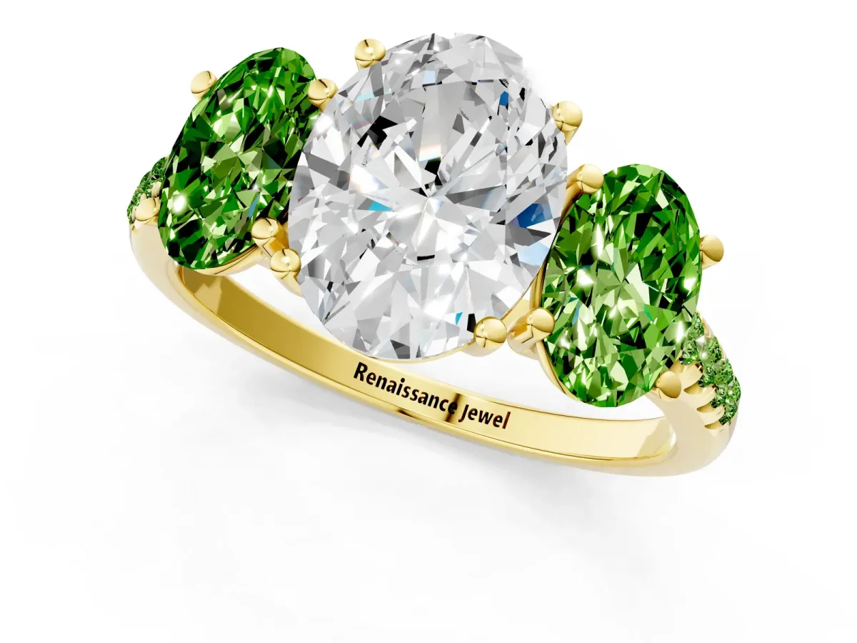 Three-Stone Oval Cut Diamond Ring with Round Peridot Pavé Band and Prong Setting Yellow gold