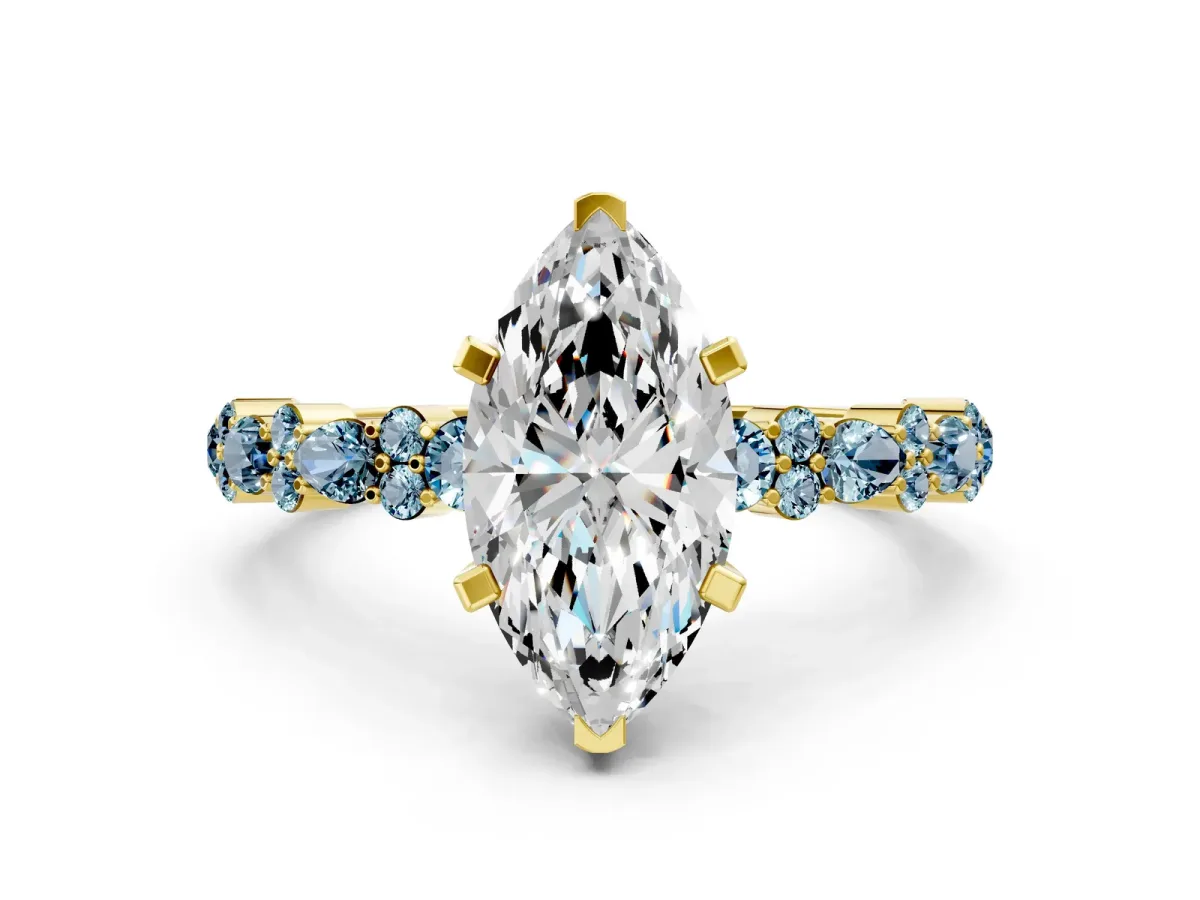 Marquise Cut Diamond Side Stone Solitaire Ring with Round Aquamarine and Four-Prong Setting Yellow gold