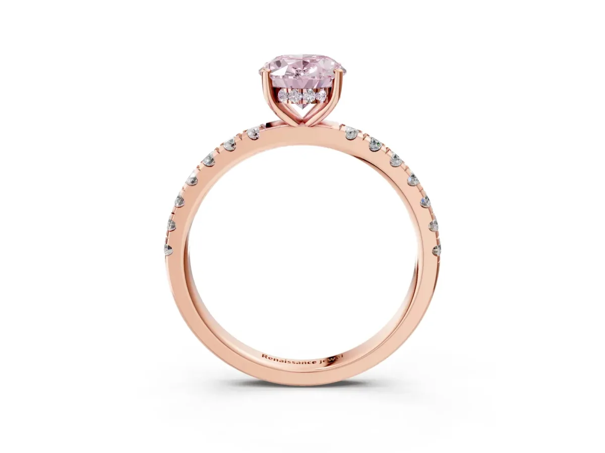 Fancy Pink Oval Cut Diamond Pave Band Solitaire Ring with Round and Prong Setting Rose gold