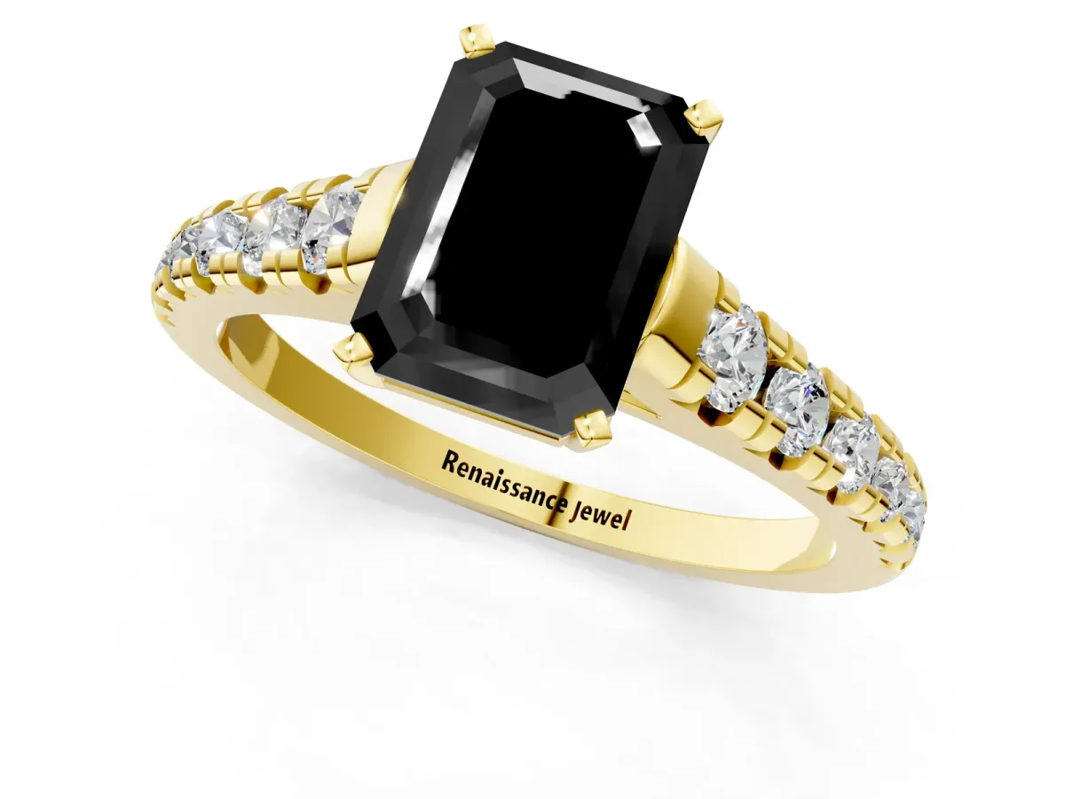 Fancy Black Emerald Cut Diamond Cathedral Solitaire Ring with Round Pavé Band Yellow gold