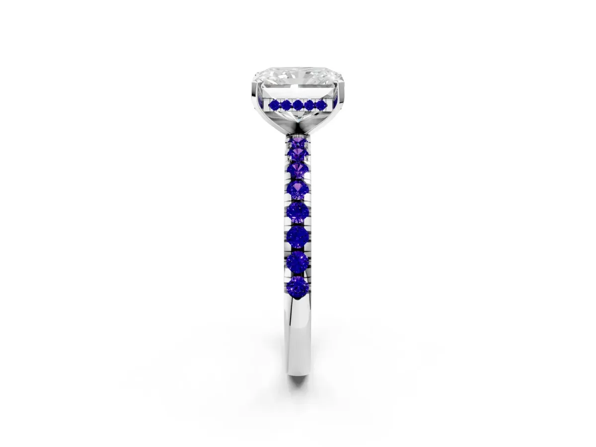 Radiant Cut Diamond Solitaire Ring with Round Tanzanite Pavé Band and Four-Prong Setting Silver