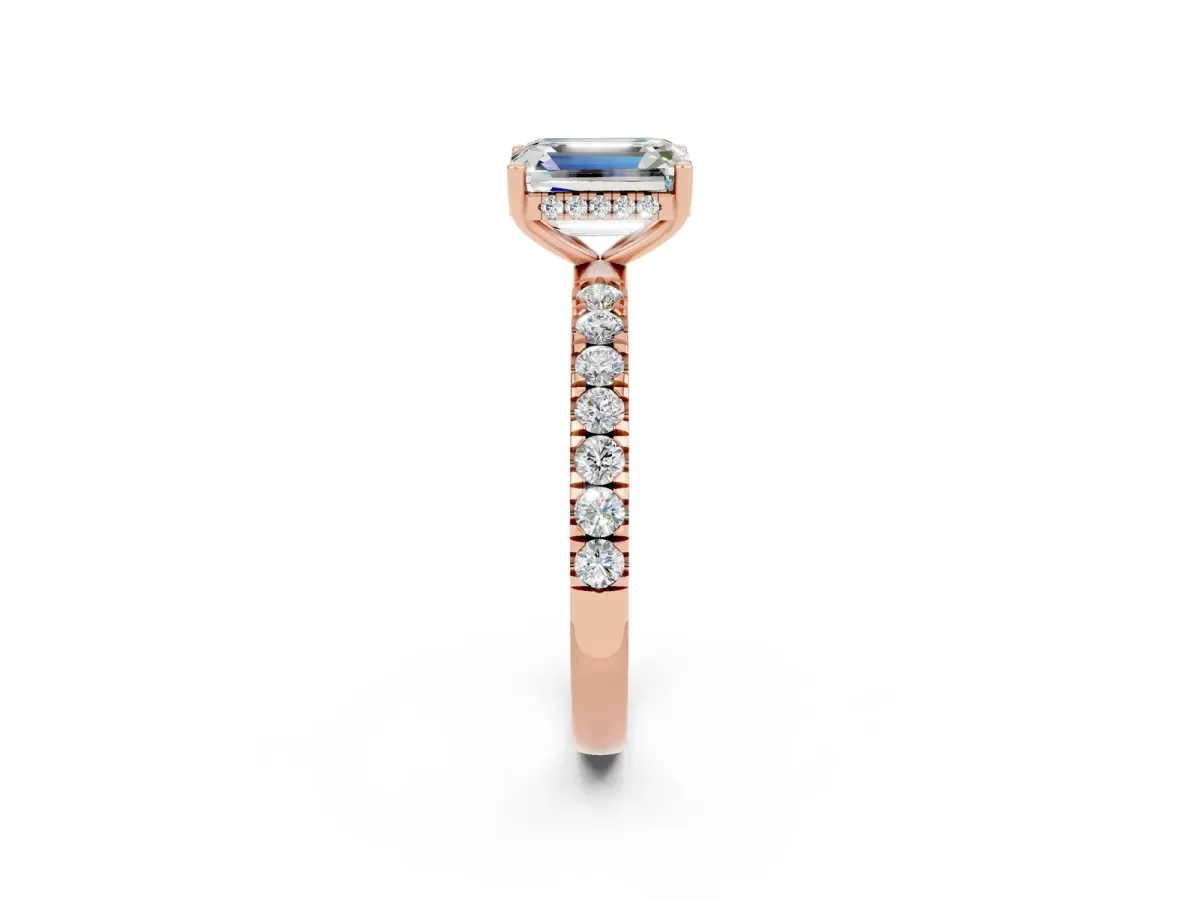 Emerald Cut Moissanite Pave Band Solitaire Ring with Round and Prong Setting Rose gold