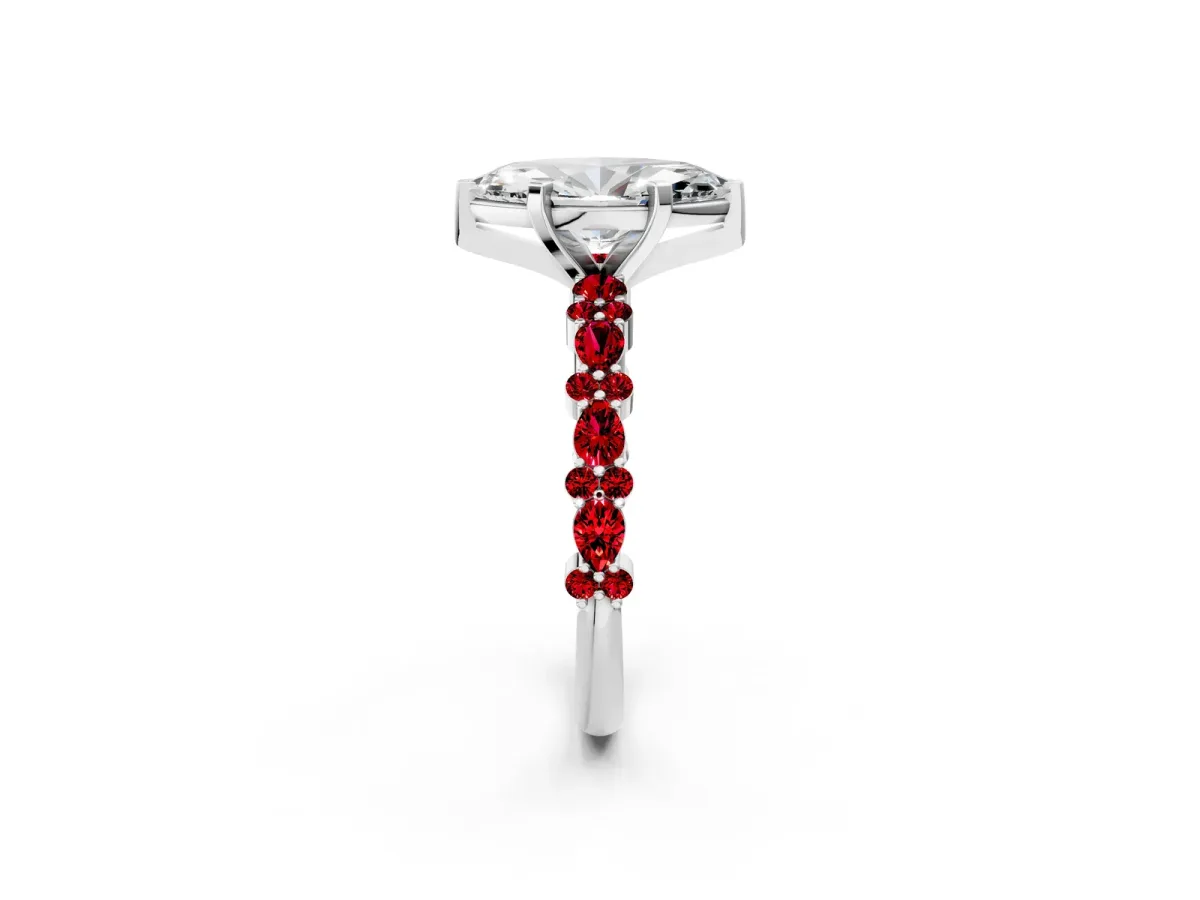 Marquise Cut Diamond Side Stone Solitaire Ring with Round Ruby and Four-Prong Setting Platinum