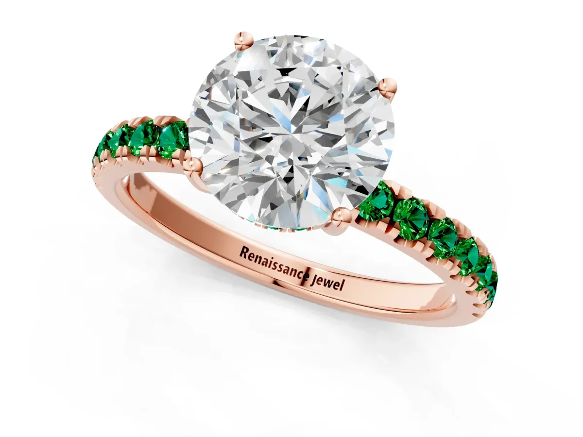 Round Cut Diamond Pave Band Solitaire Ring with Round Emerald and Prong Setting Rose gold