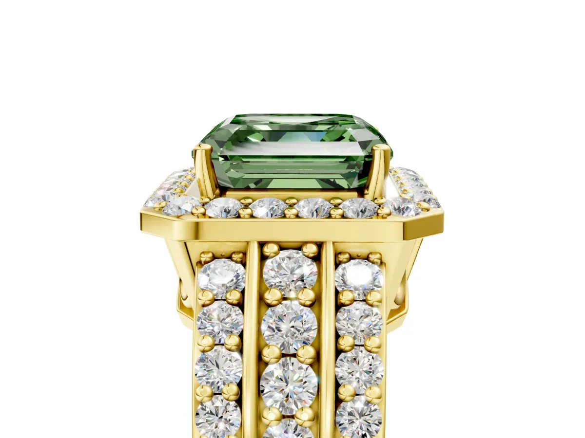 Fancy Green Asscher Cut Halo Diamond Ring with Round Split Shank and Prong Setting Yellow gold
