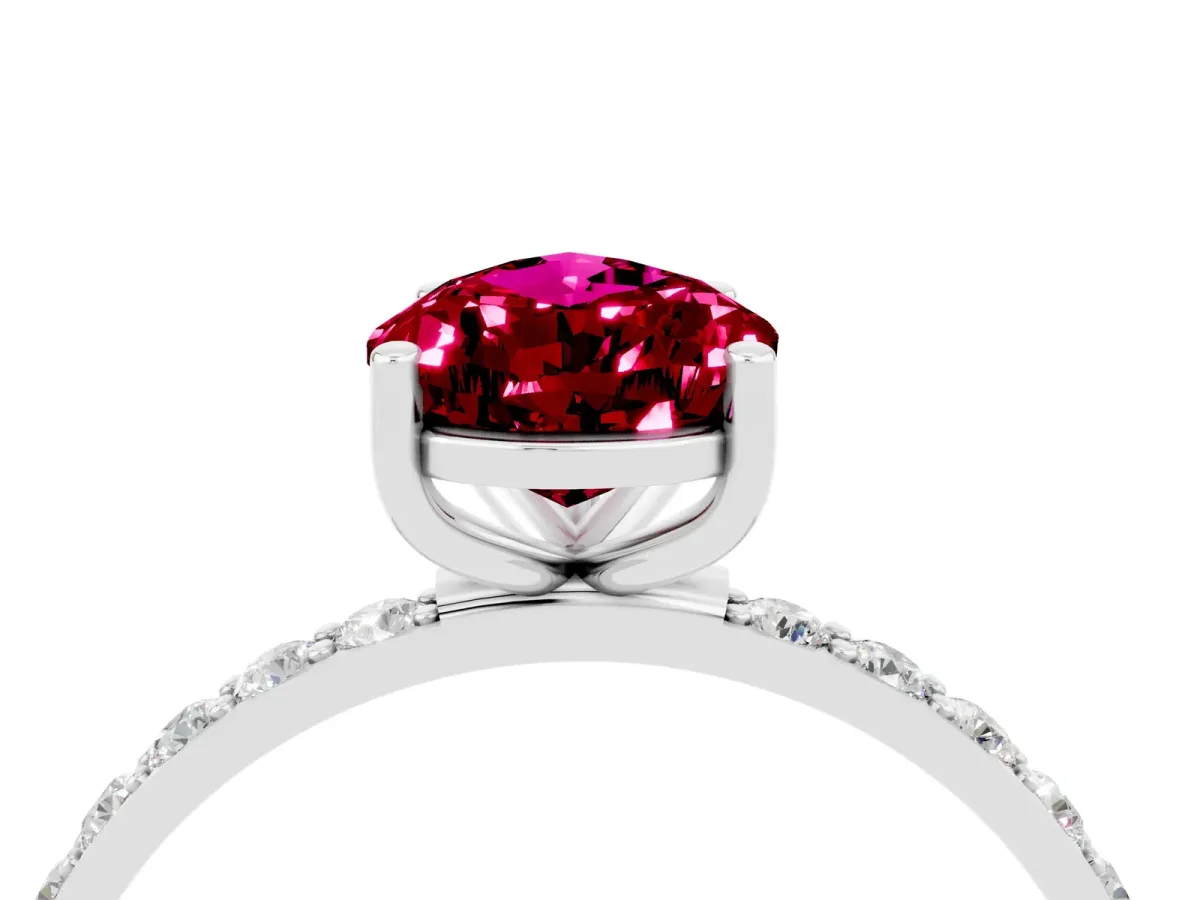 Pear Cut Garnet Solitaire Ring with Round Pavé Band and Prong Setting Platinum