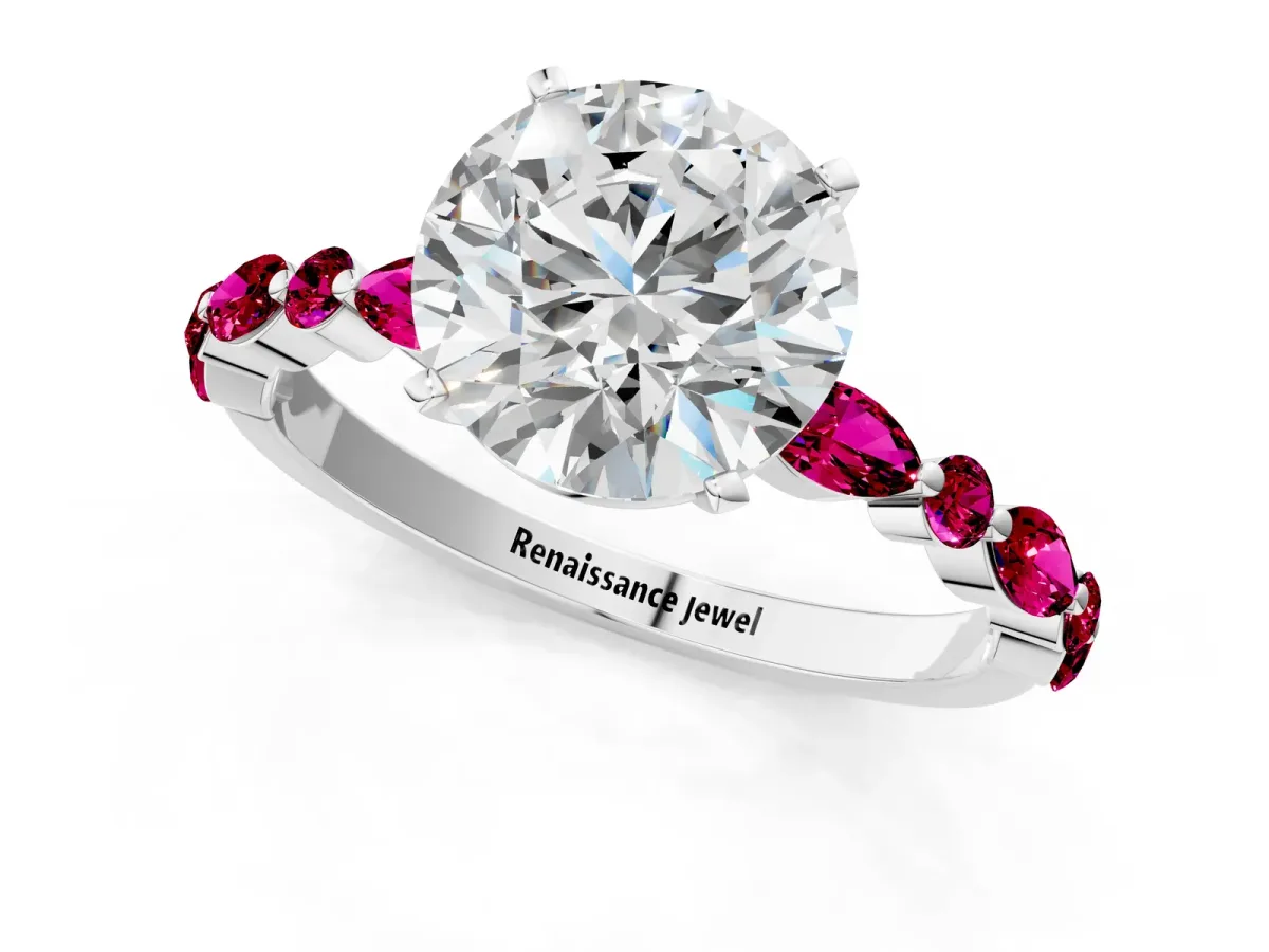 Round Cut Diamond Ring with Marquise and Round Garnet Side Stones and Four-Prong Setting Platinum