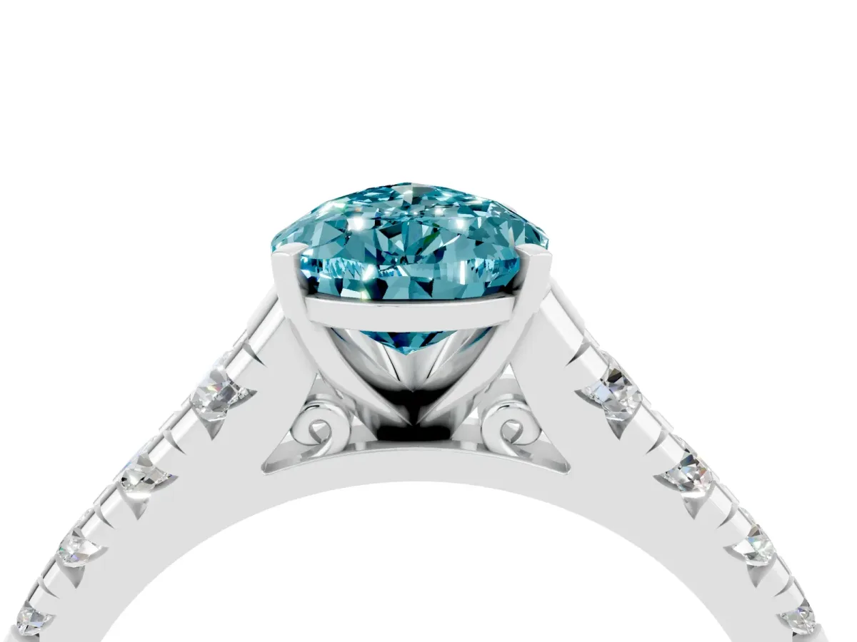 Pear Cut Blue Topaz Cathedral Solitaire Ring with Round Pavé Band Platinum