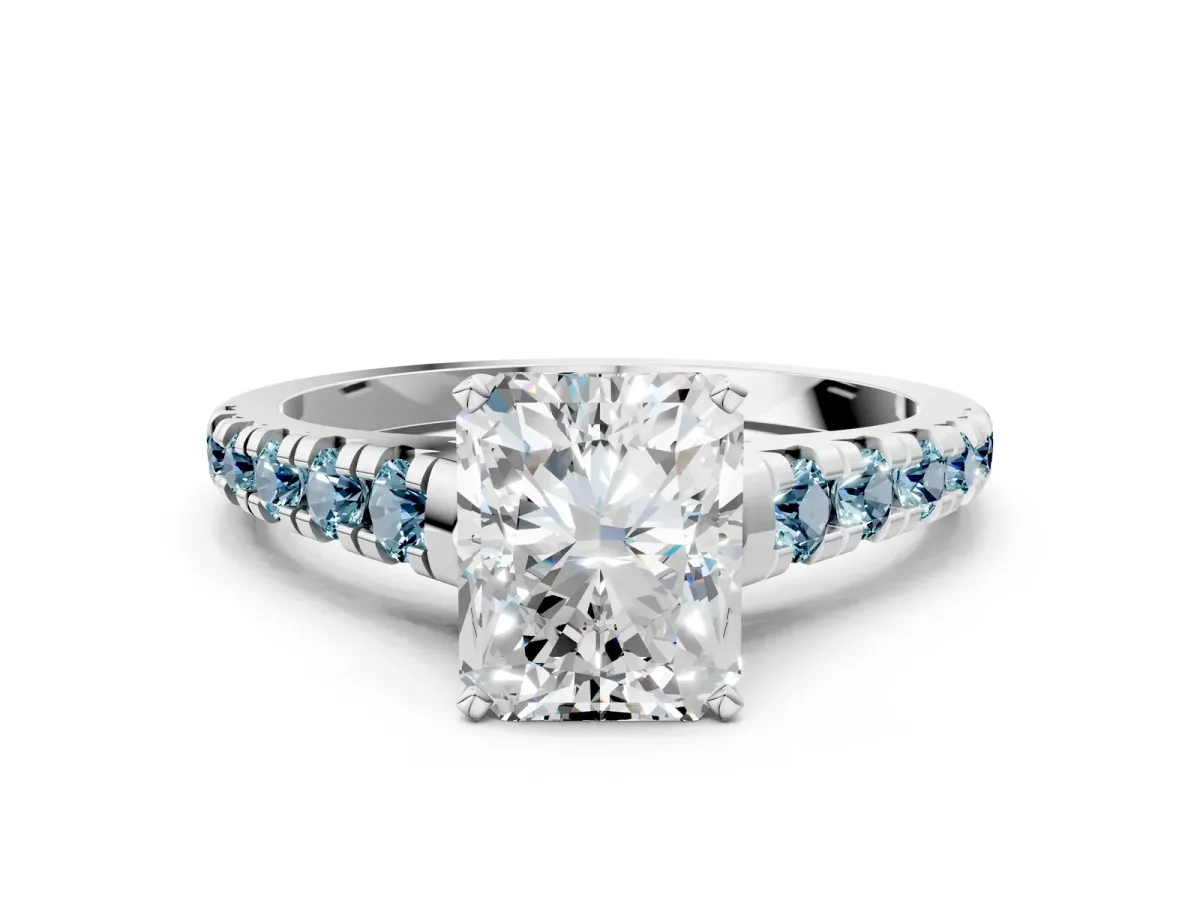 Radiant Cut Diamond Cathedral Solitaire Ring with Round Aquamarine Pavé Band Silver