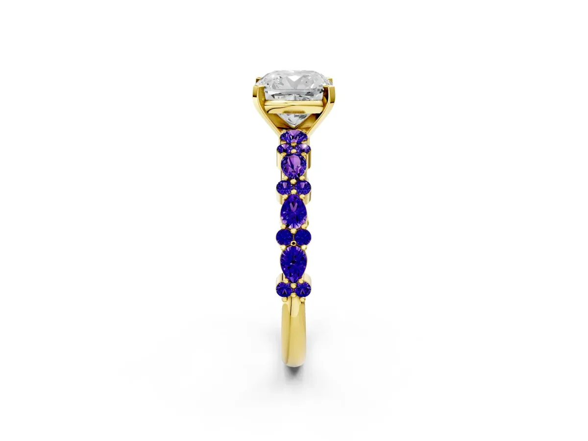 Cushion Cut Diamond Side Stone Solitaire Ring with Round Tanzanite and Four-Prong Setting Yellow gold